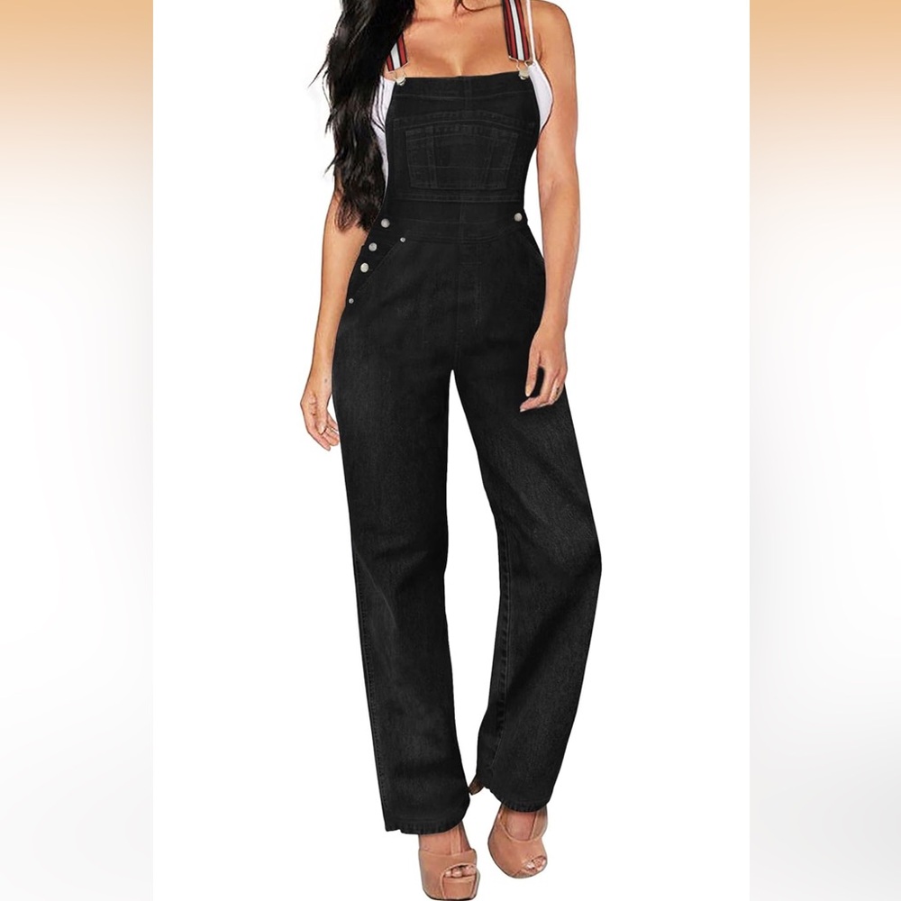Hybrid & Company Women's Dark Denim Overalls stretchy super comfy jumpsuit pants